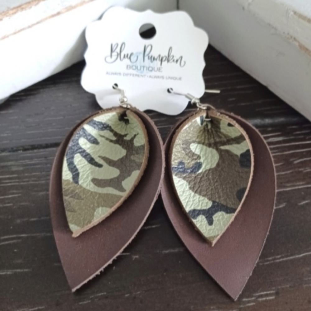Double Layered Faux Leather Camo Layered Earrings